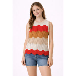 Girl’s Sleeveless Knit Sweater with Wavy Stripes – Approx. Size 11 Years – NWOT